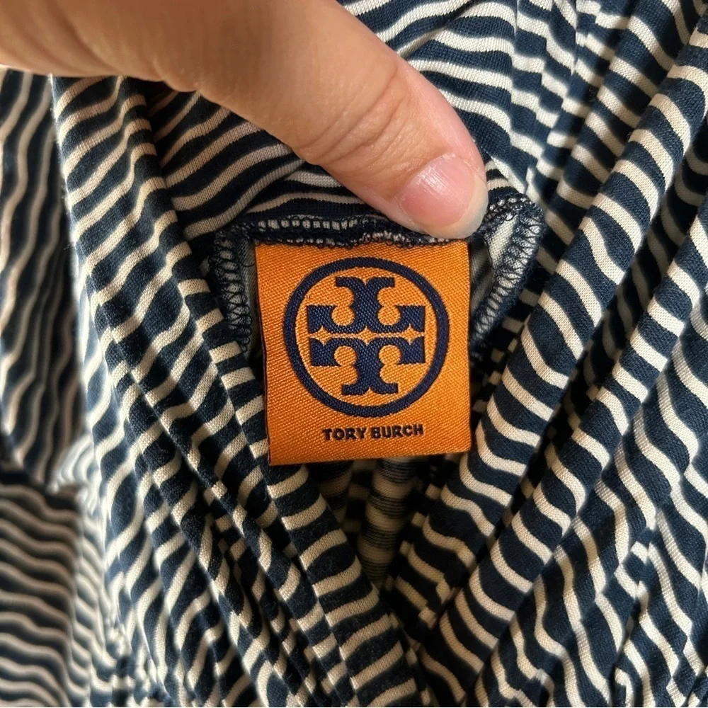 Tory Burch Silk Blend Maxi Dress Blue White Wavy Pattern Sundress